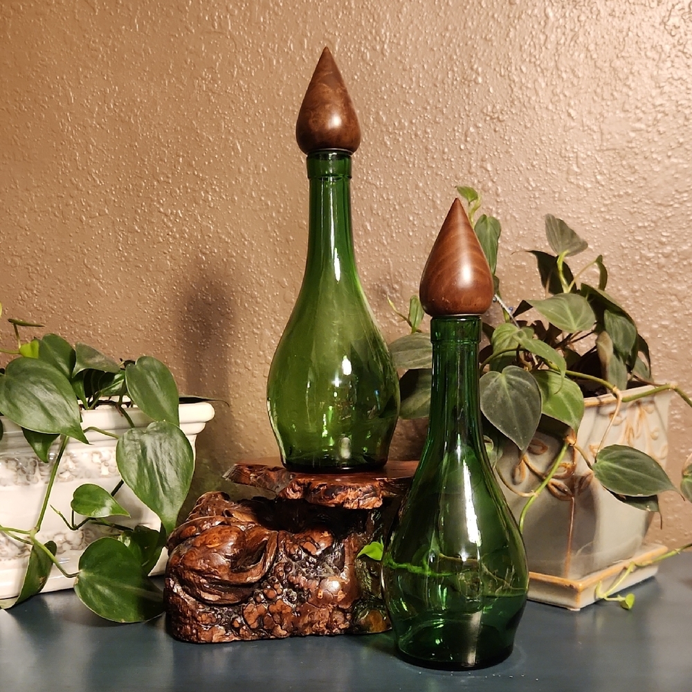Duraglas RARE 1962 Green Decorative Bottles with Wooden Tops